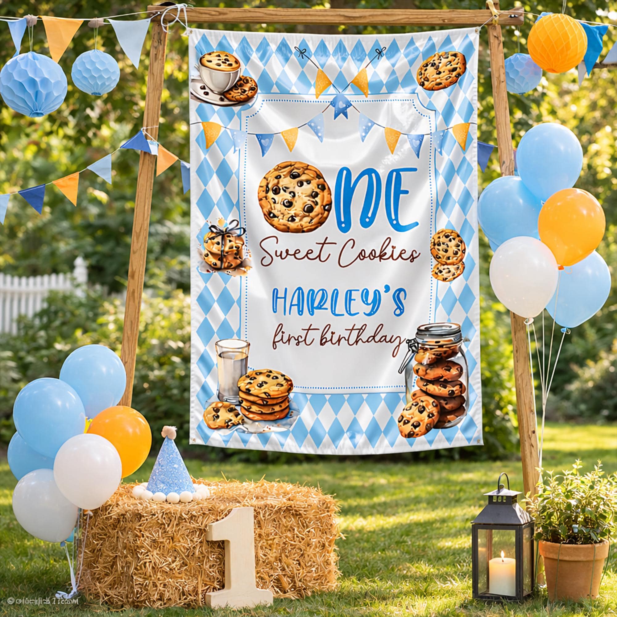 Personalized Milk and Cookies First Birthday Banner with Harley's Name, Festive Blue Diamond Pattern Backdrop for Baby Party Decoration