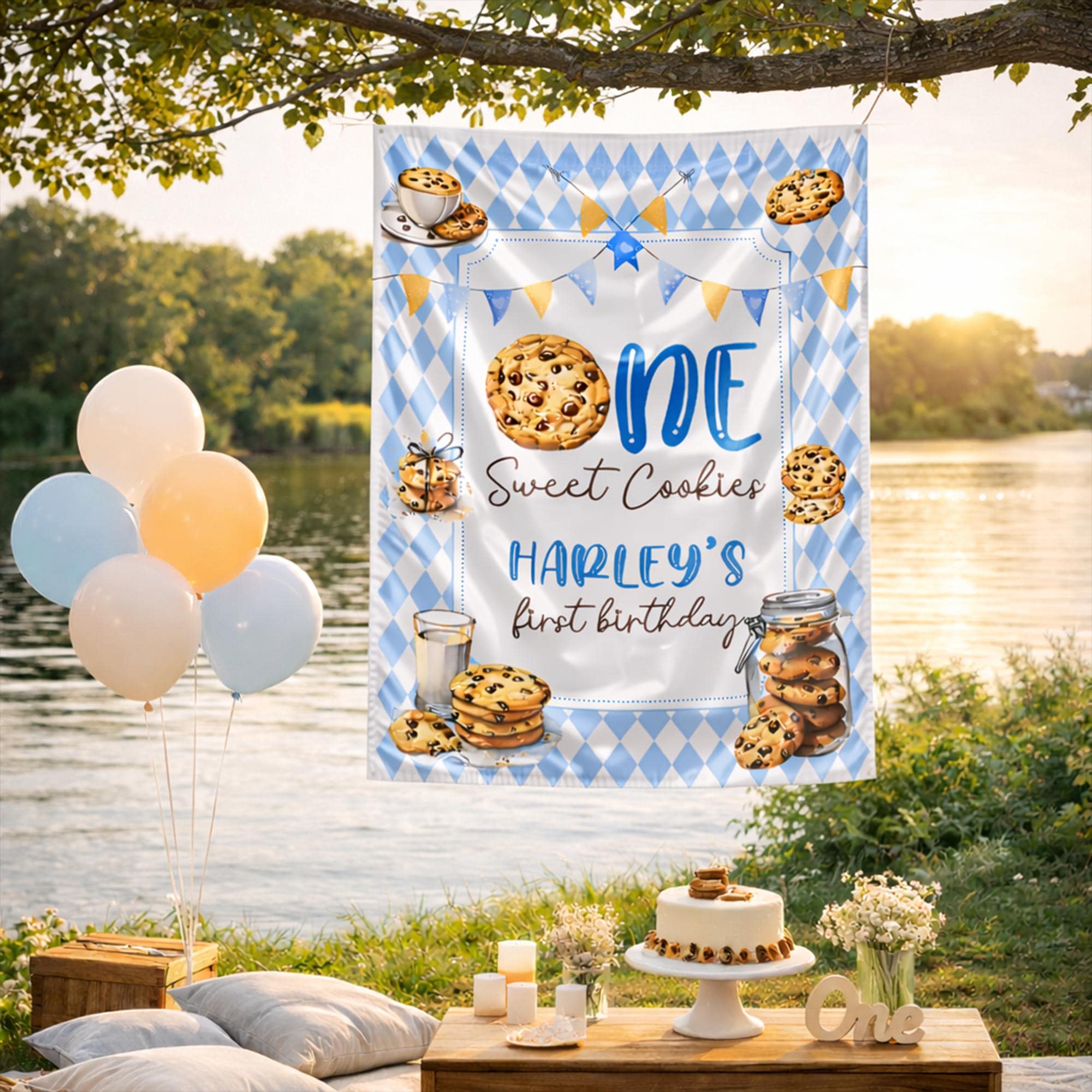 Personalized Milk and Cookies First Birthday Banner with Harley's Name, Festive Blue Diamond Pattern Backdrop for Baby Party Decoration