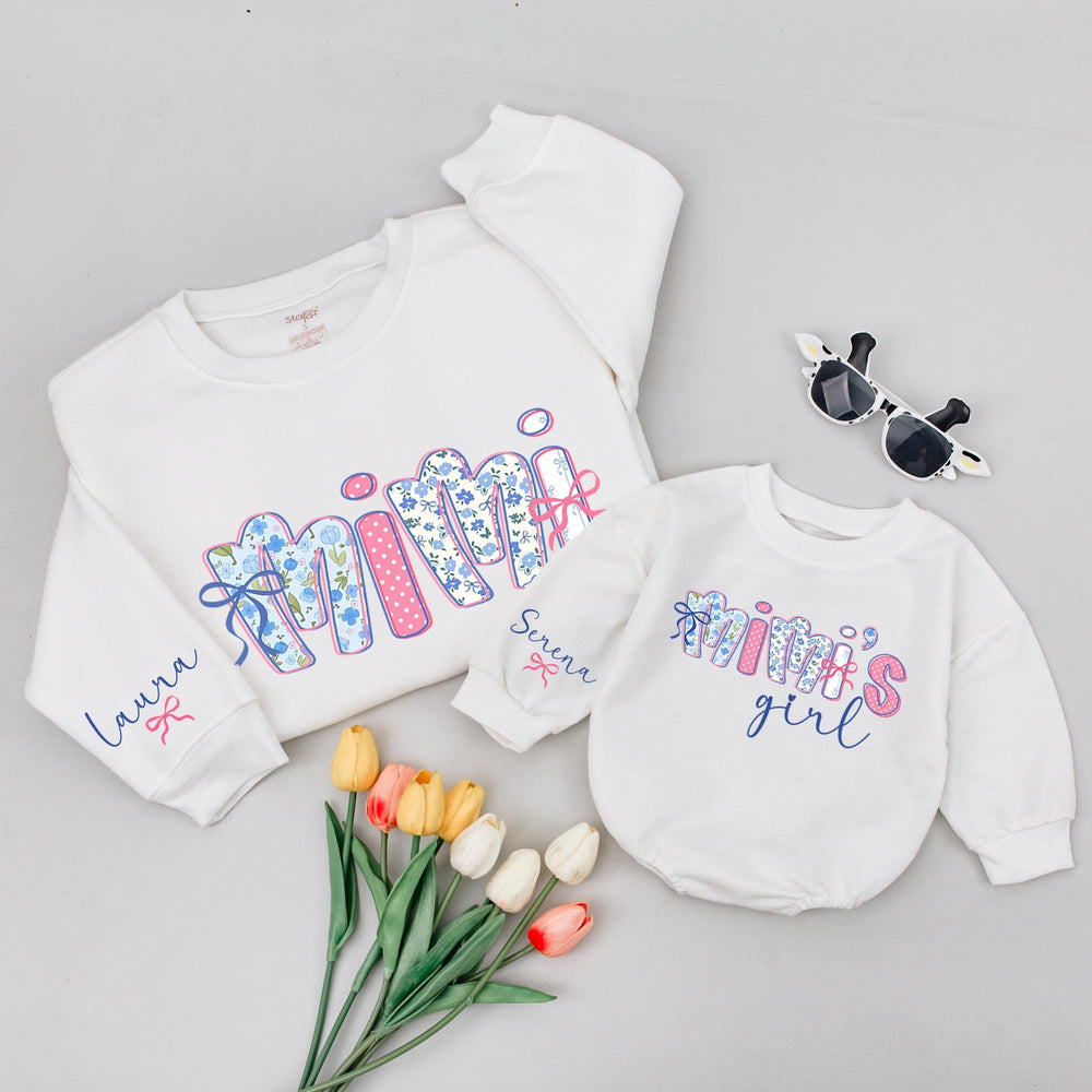 Personalized Mimi and Mimi’s Girl Sweatshirts with Floral Bows, Custom Grandma Granddaughter Matching Outfit, Cute Vintage-Style Gift