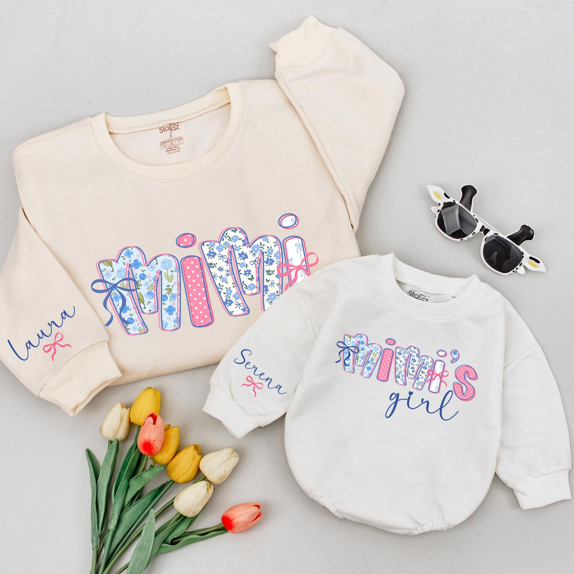 Personalized Mimi and Mimi’s Girl Sweatshirts with Floral Bows, Custom Grandma Granddaughter Matching Outfit, Cute Vintage-Style Gift