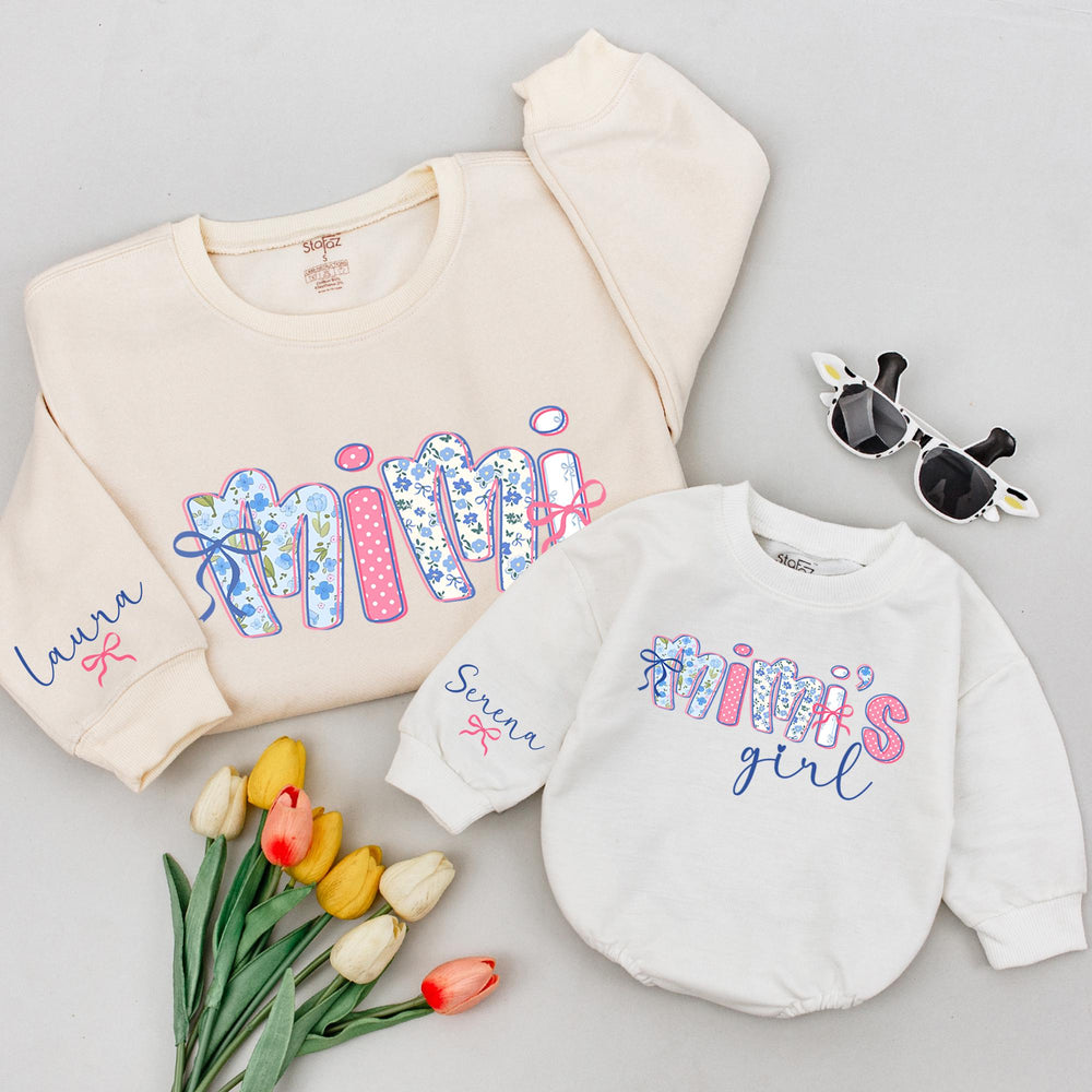 Personalized Mimi and Mimi’s Girl Sweatshirts with Floral Bows, Custom Grandma Granddaughter Matching Outfit, Cute Vintage-Style Gift