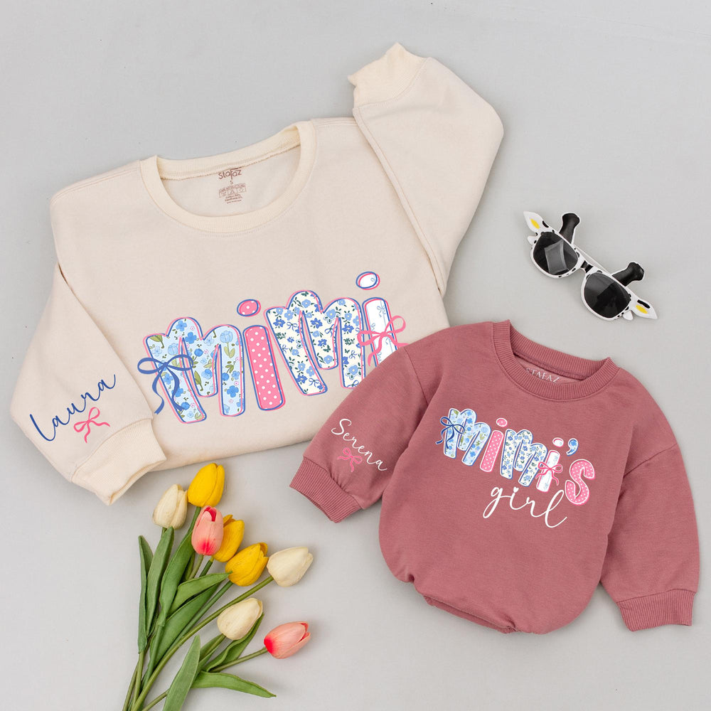 Personalized Mimi and Mimi’s Girl Sweatshirts with Floral Bows, Custom Grandma Granddaughter Matching Outfit, Cute Vintage-Style Gift