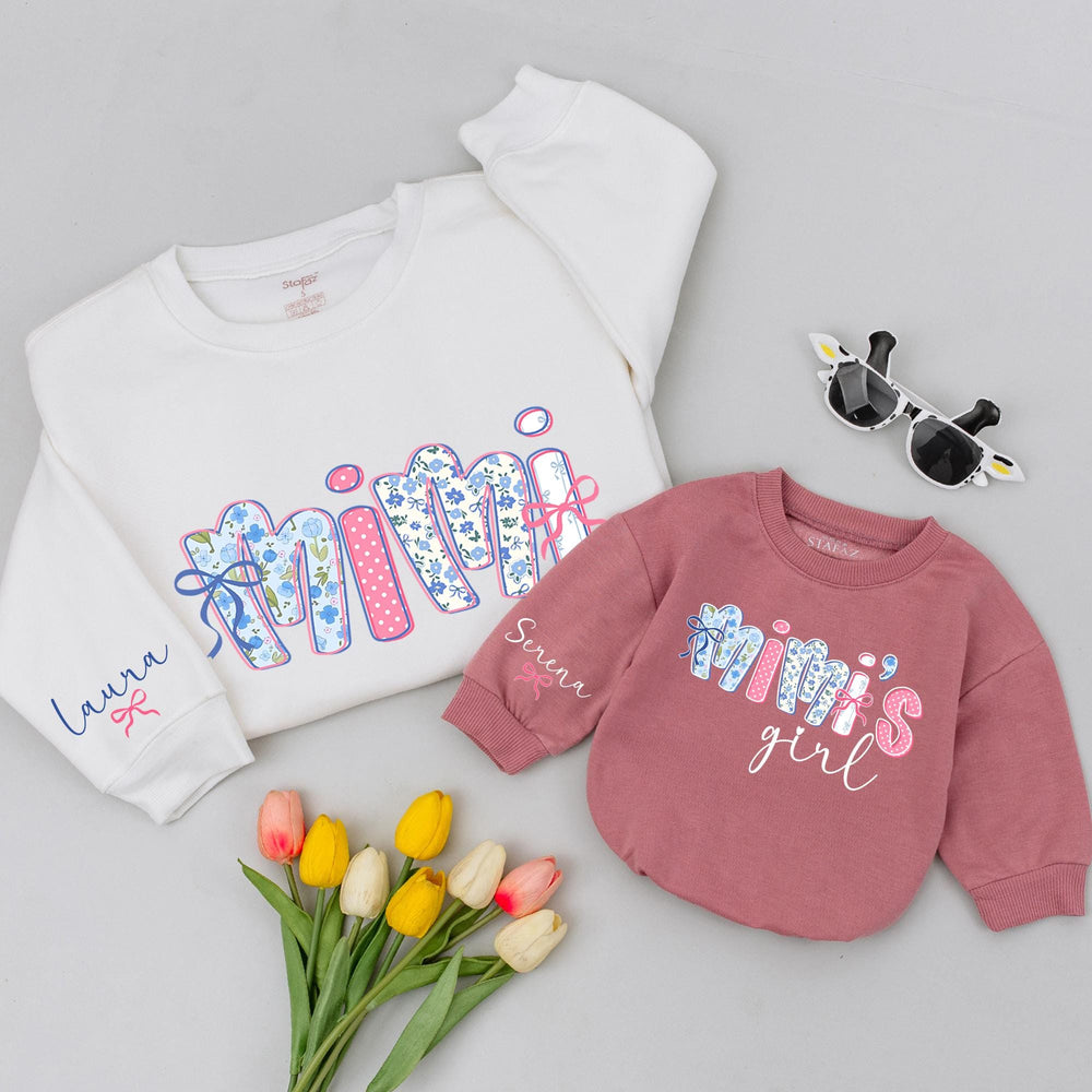 Personalized Mimi and Mimi’s Girl Sweatshirts with Floral Bows, Custom Grandma Granddaughter Matching Outfit, Cute Vintage-Style Gift