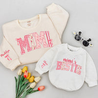 Personalized Mimi Sweatshirt with Floral Gingham Letters, Custom Bestie Design for Girls, Grandma Gift with Kids Names, Soft Pink Cotton