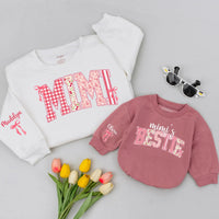 Personalized Mimi Sweatshirt with Floral Gingham Letters, Custom Bestie Design for Girls, Grandma Gift with Kids Names, Soft Pink Cotton