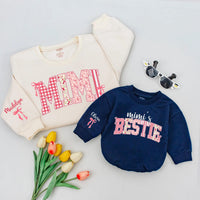 Personalized Mimi Sweatshirt with Floral Gingham Letters, Custom Bestie Design for Girls, Grandma Gift with Kids Names, Soft Pink Cotton