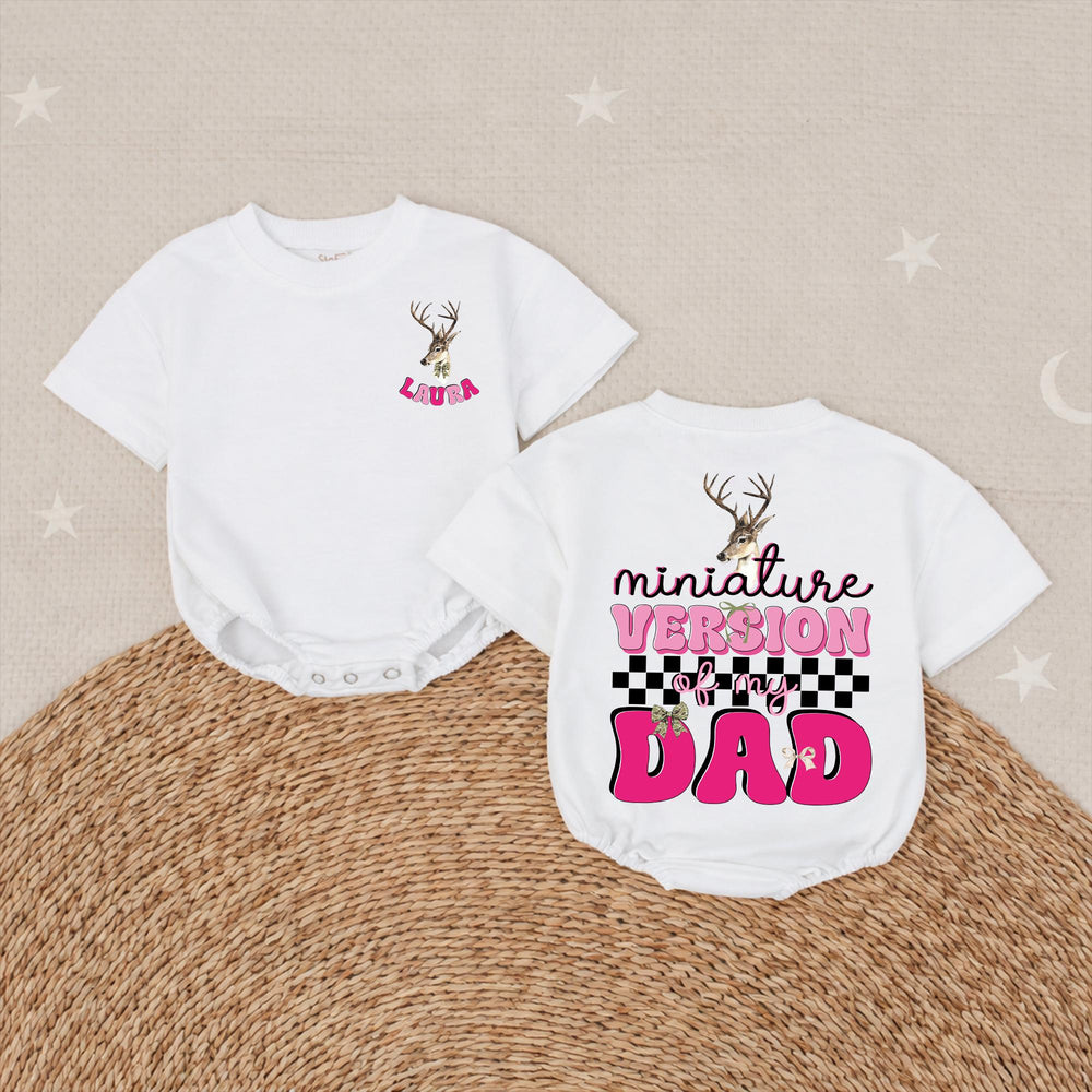 Personalized Miniature Version of My Dad Baby Girl Romper Cute Deer Head Design Hunting Buddy Gift Soft Cotton Outfit for Toddlers