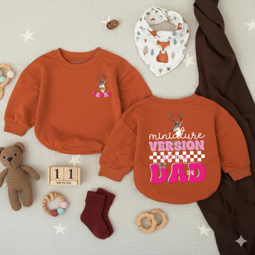 Personalized Miniature Version of My Dad Baby Girl Romper Cute Deer Head Design Hunting Buddy Gift Soft Cotton Outfit for Toddlers