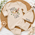 Personalized Miso Cute Baby Bodysuit and Hat Set with Custom Name, Adorable Kawaii Ramen Design, Soft Cotton Newborn Outfit for Baby Shower