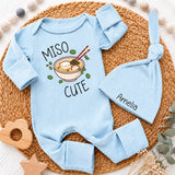 Personalized Miso Cute Baby Bodysuit and Hat Set with Custom Name, Adorable Kawaii Ramen Design, Soft Cotton Newborn Outfit for Baby Shower