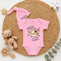 Personalized Miso Cute Baby Bodysuit and Hat Set with Custom Name, Adorable Kawaii Ramen Design, Soft Cotton Newborn Outfit for Baby Shower