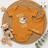 Personalized Miso Cute Baby Bodysuit and Hat Set with Custom Name, Adorable Kawaii Ramen Design, Soft Cotton Newborn Outfit for Baby Shower