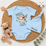 Personalized Miso Cute Baby Bodysuit and Hat Set with Custom Name, Adorable Kawaii Ramen Design, Soft Cotton Newborn Outfit for Baby Shower