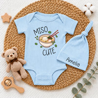 Personalized Miso Cute Baby Bodysuit and Hat Set with Custom Name, Adorable Kawaii Ramen Design, Soft Cotton Newborn Outfit for Baby Shower