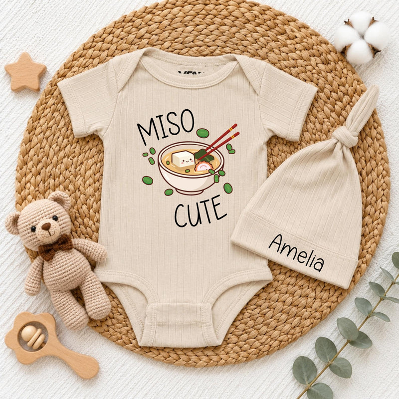 Personalized Miso Cute Baby Bodysuit and Hat Set with Custom Name, Adorable Kawaii Ramen Design, Soft Cotton Newborn Outfit for Baby Shower