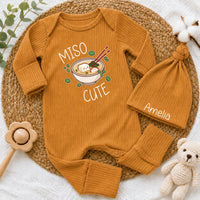 Personalized Miso Cute Baby Bodysuit and Hat Set with Custom Name, Adorable Kawaii Ramen Design, Soft Cotton Newborn Outfit for Baby Shower