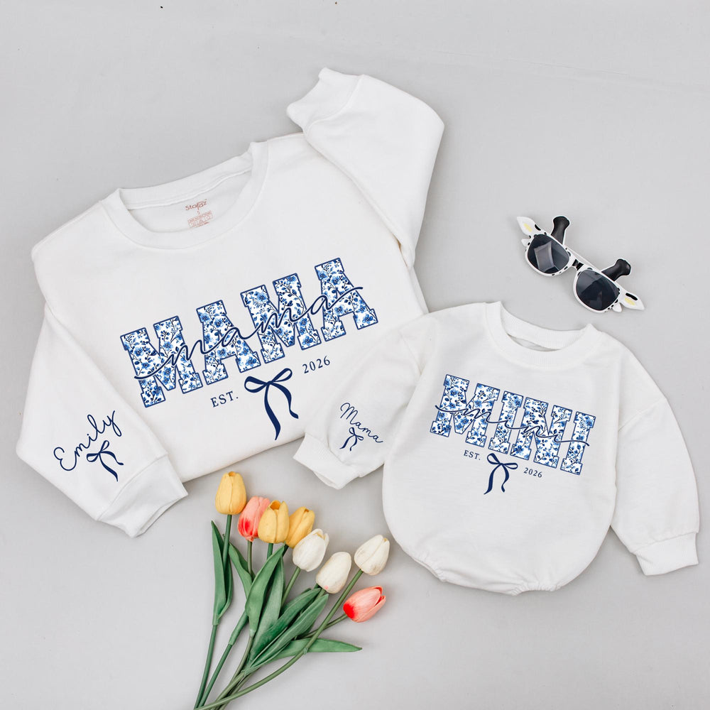 Personalized Mommy and Me Outfits with Names Blue Floral Mama Mini Matching Shirts Custom Family Sweatshirts Baby Girl Gift 2026 Design
