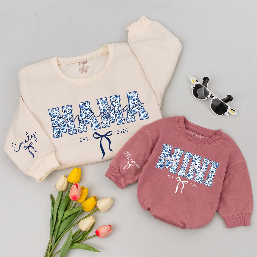 Personalized Mommy and Me Outfits with Names Blue Floral Mama Mini Matching Shirts Custom Family Sweatshirts Baby Girl Gift 2026 Design