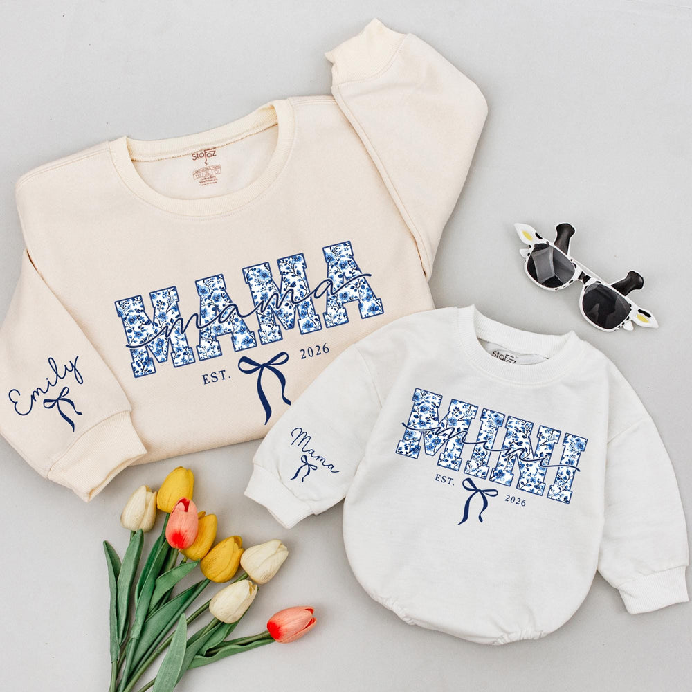 Personalized Mommy and Me Outfits with Names Blue Floral Mama Mini Matching Shirts Custom Family Sweatshirts Baby Girl Gift 2026 Design