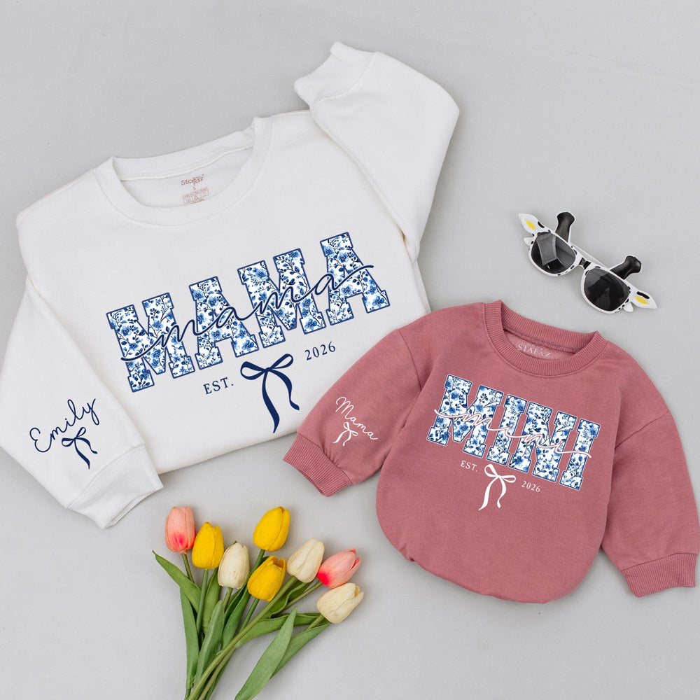 Personalized Mommy and Me Outfits with Names Blue Floral Mama Mini Matching Shirts Custom Family Sweatshirts Baby Girl Gift 2026 Design