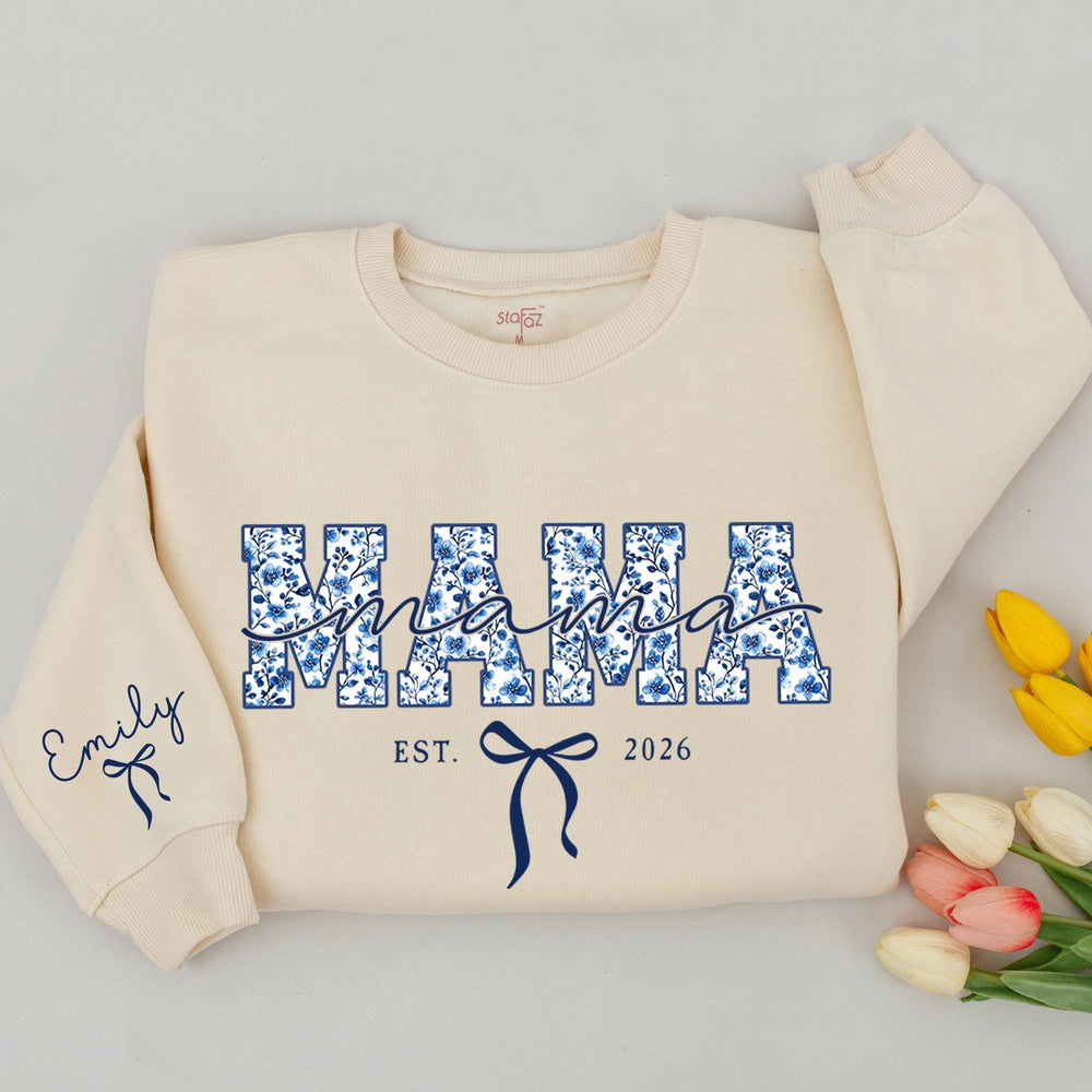 Personalized Mommy and Me Outfits with Names Blue Floral Mama Mini Matching Shirts Custom Family Sweatshirts Baby Girl Gift 2026 Design