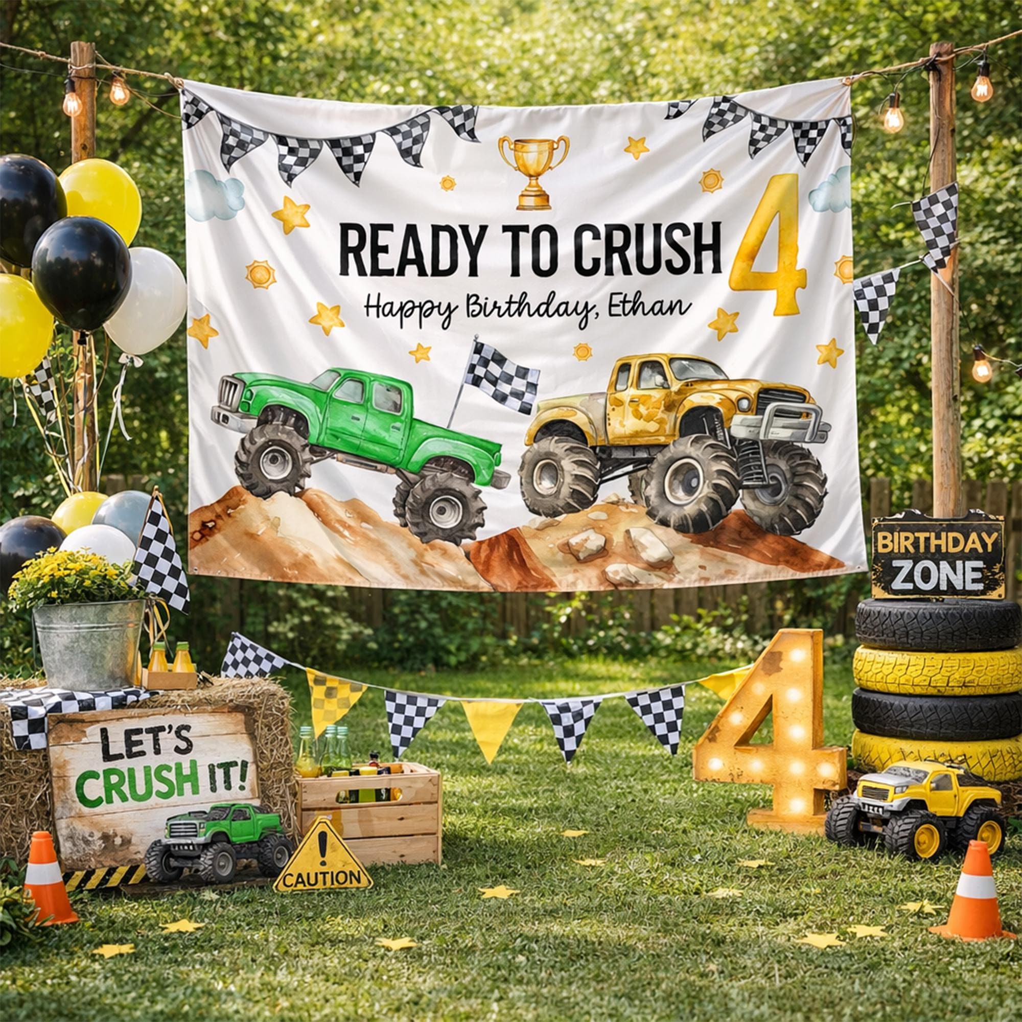 Personalized Monster Truck 4th Birthday Banner with Green and Yellow Trucks Ready to Crush Theme Party Backdrop for Kids Celebrations
