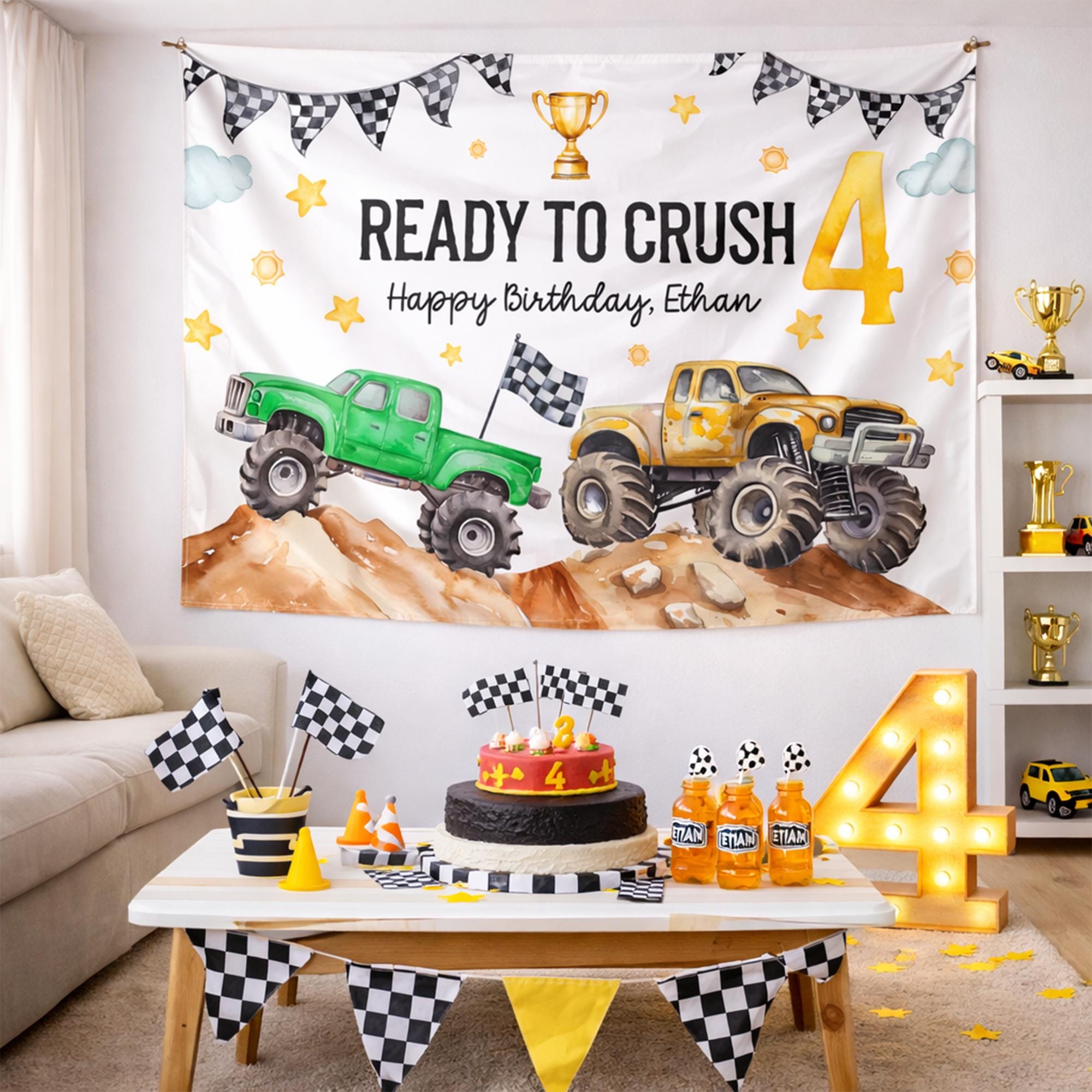 Personalized Monster Truck 4th Birthday Banner with Green and Yellow Trucks Ready to Crush Theme Party Backdrop for Kids Celebrations