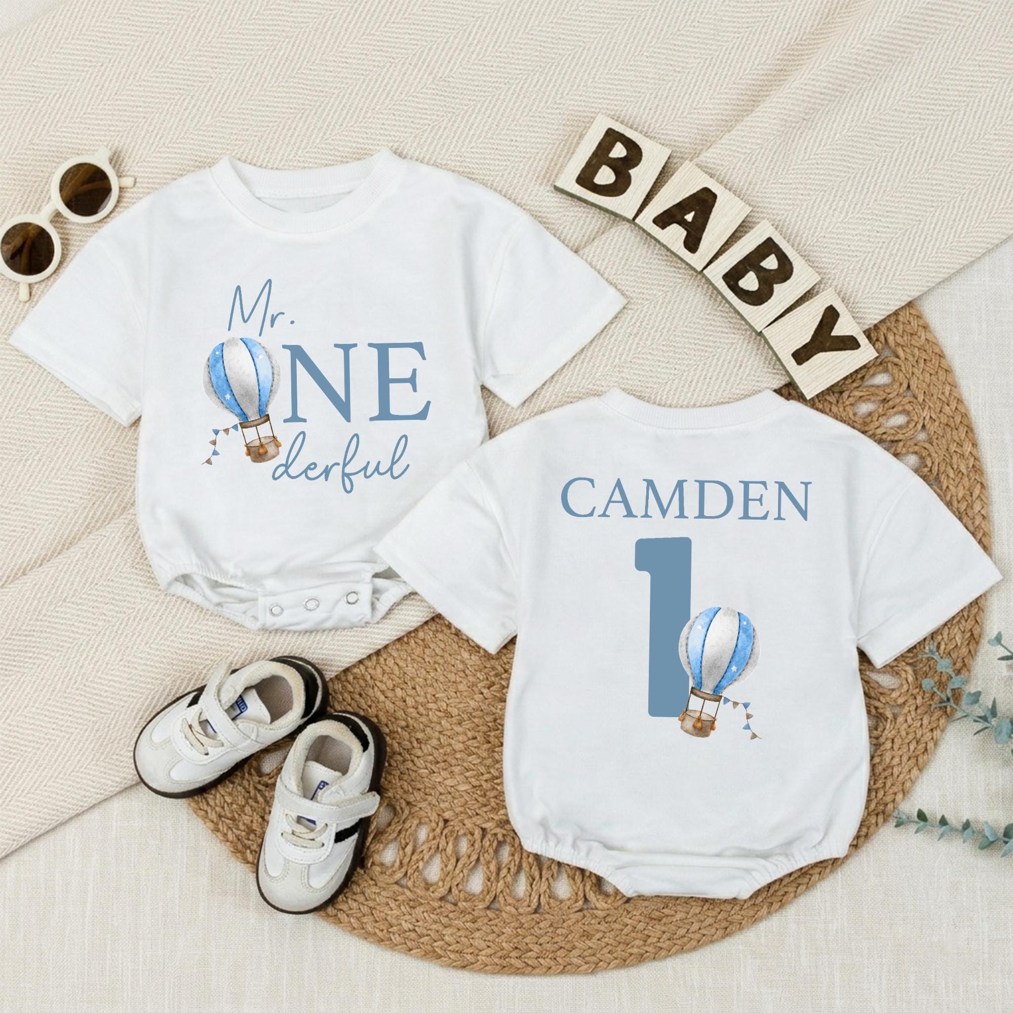 Personalized Mr ONEderful Hot Air Balloon Baby Romper First Birthday Outfit for Boys Custom Name One Year Old Gift Sky Blue Design