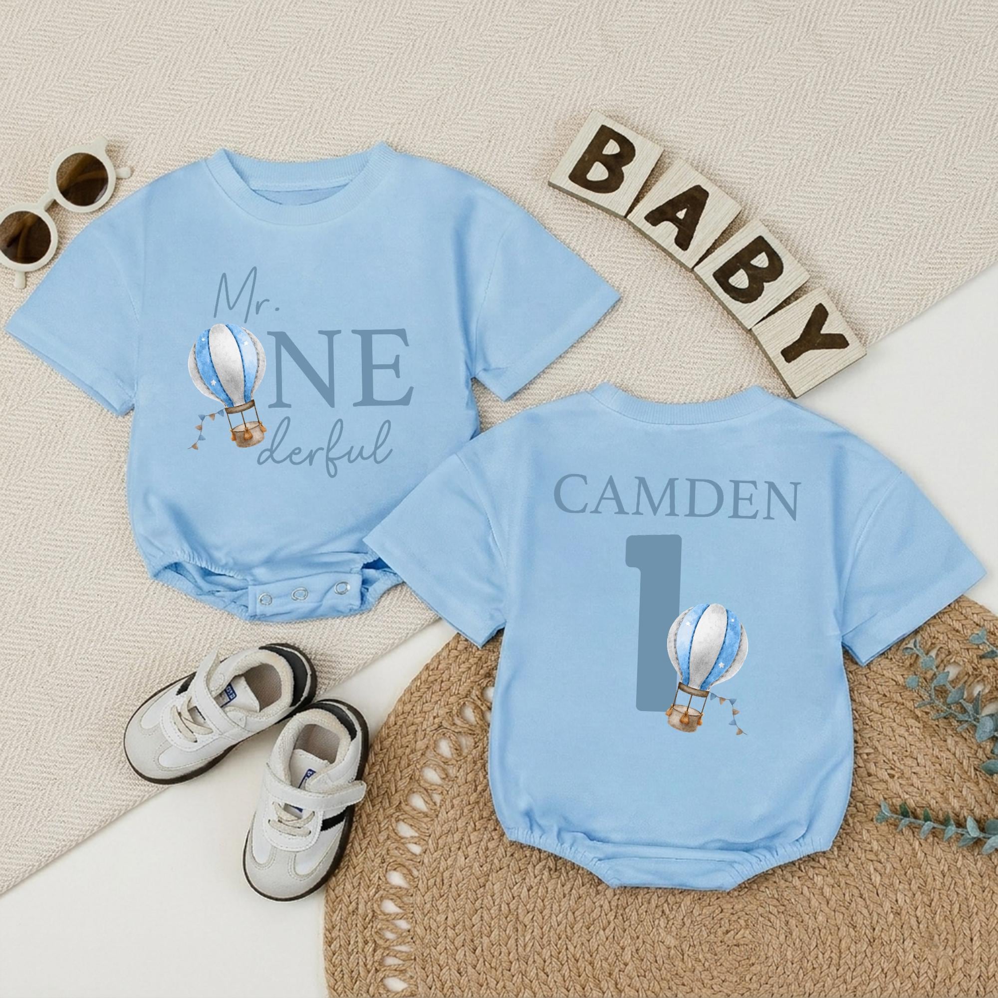 Personalized Mr ONEderful Hot Air Balloon Baby Romper First Birthday Outfit for Boys Custom Name One Year Old Gift Sky Blue Design