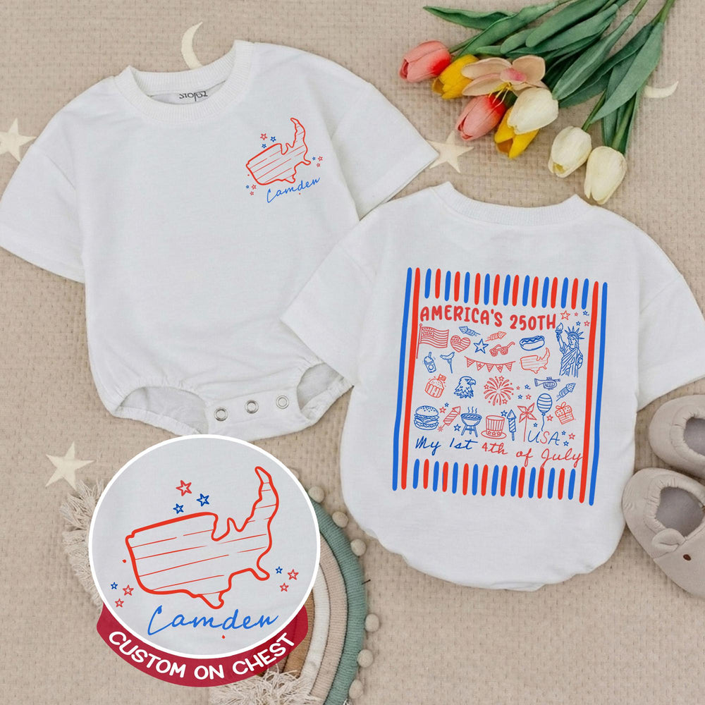 Personalized My 1st 4th of July Baby Romper America’s 250th Birthday Toddler Outfit Red and Blue Patriotic USA Shirt Custom Name Gift