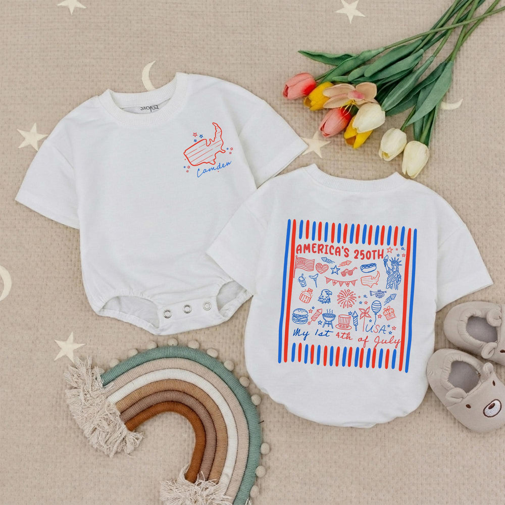 Personalized My 1st 4th of July Baby Romper America’s 250th Birthday Toddler Outfit Red and Blue Patriotic USA Shirt Custom Name Gift