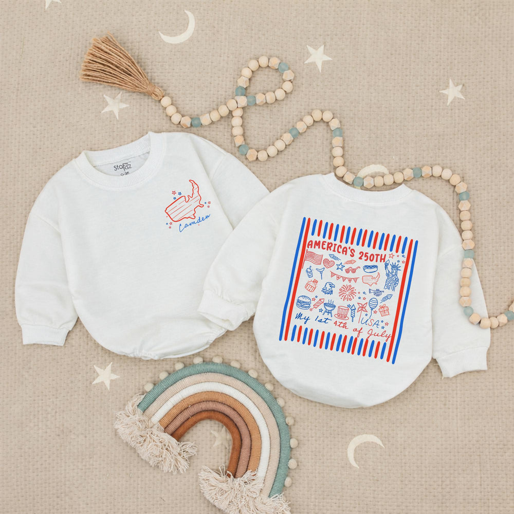 Personalized My 1st 4th of July Baby Romper America’s 250th Birthday Toddler Outfit Red and Blue Patriotic USA Shirt Custom Name Gift