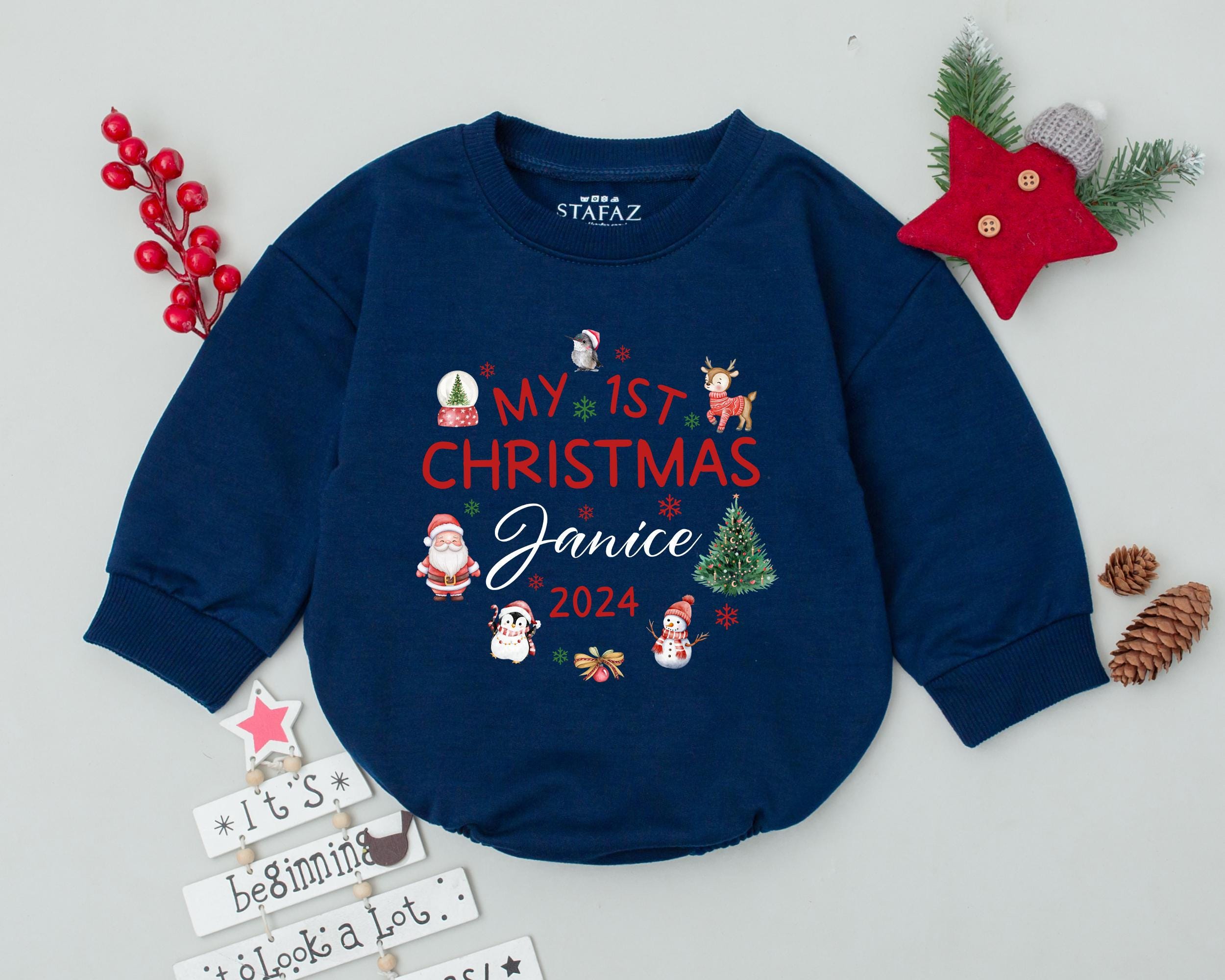 Personalized My 1st Christmas Baby Romper Custom Name 2024 Holiday Outfit Santa Reindeer Penguin Tree Infant Toddler Boys Girls Tee