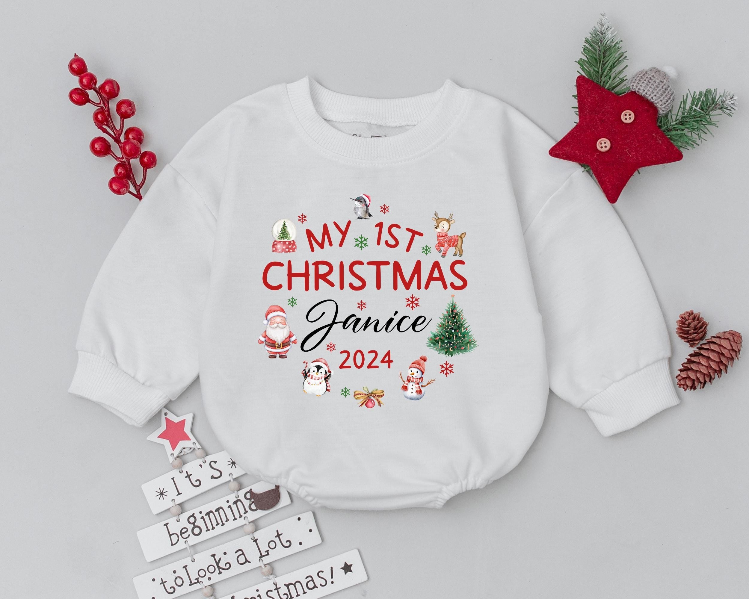 Personalized My 1st Christmas Baby Romper Custom Name 2024 Holiday Outfit Santa Reindeer Penguin Tree Infant Toddler Boys Girls Tee