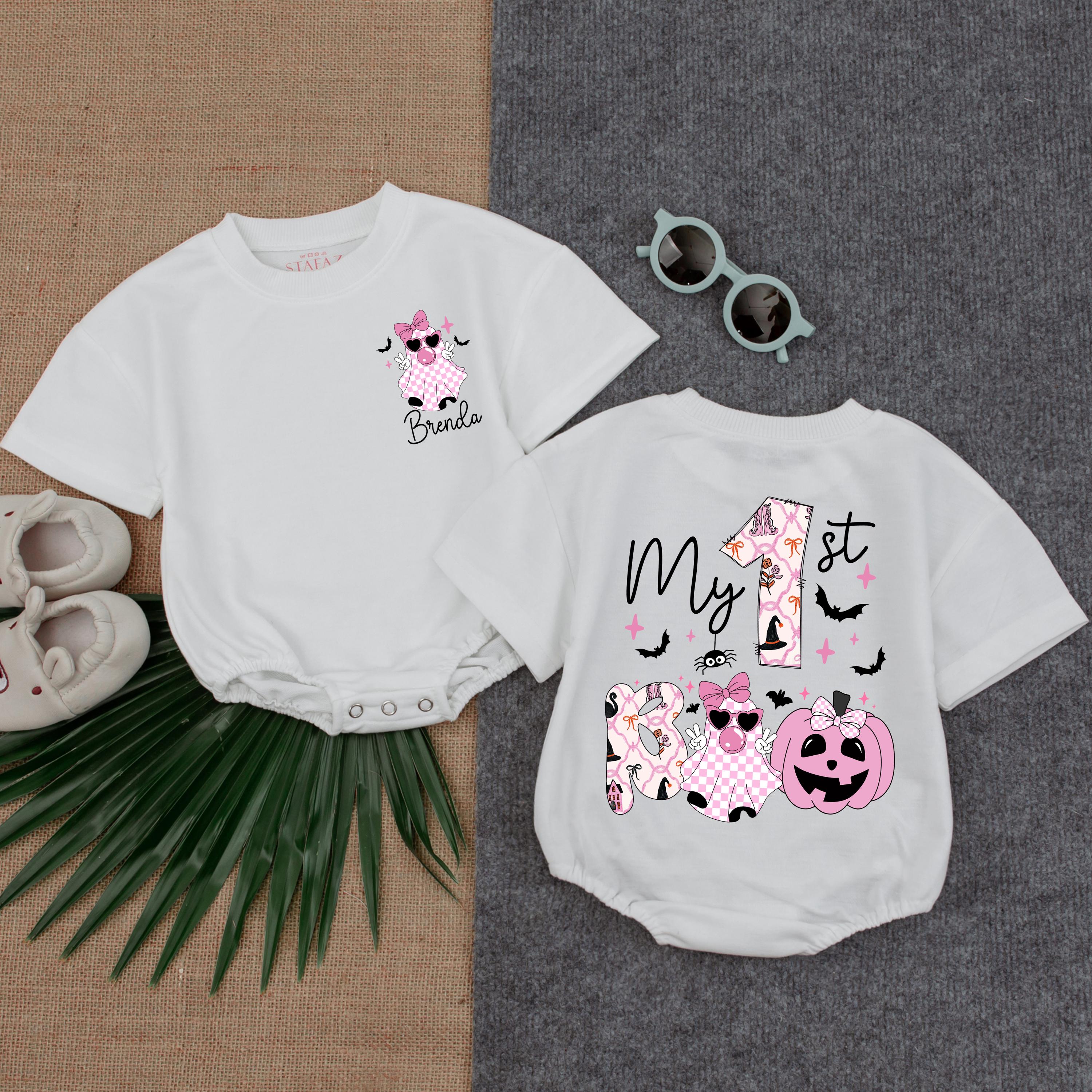 Personalized My 1st Halloween Baby Romper Pink Ghost Brooke Design Toddler Girl Outfit Cute Pumpkin Soft Comfortable Celebration Apparel