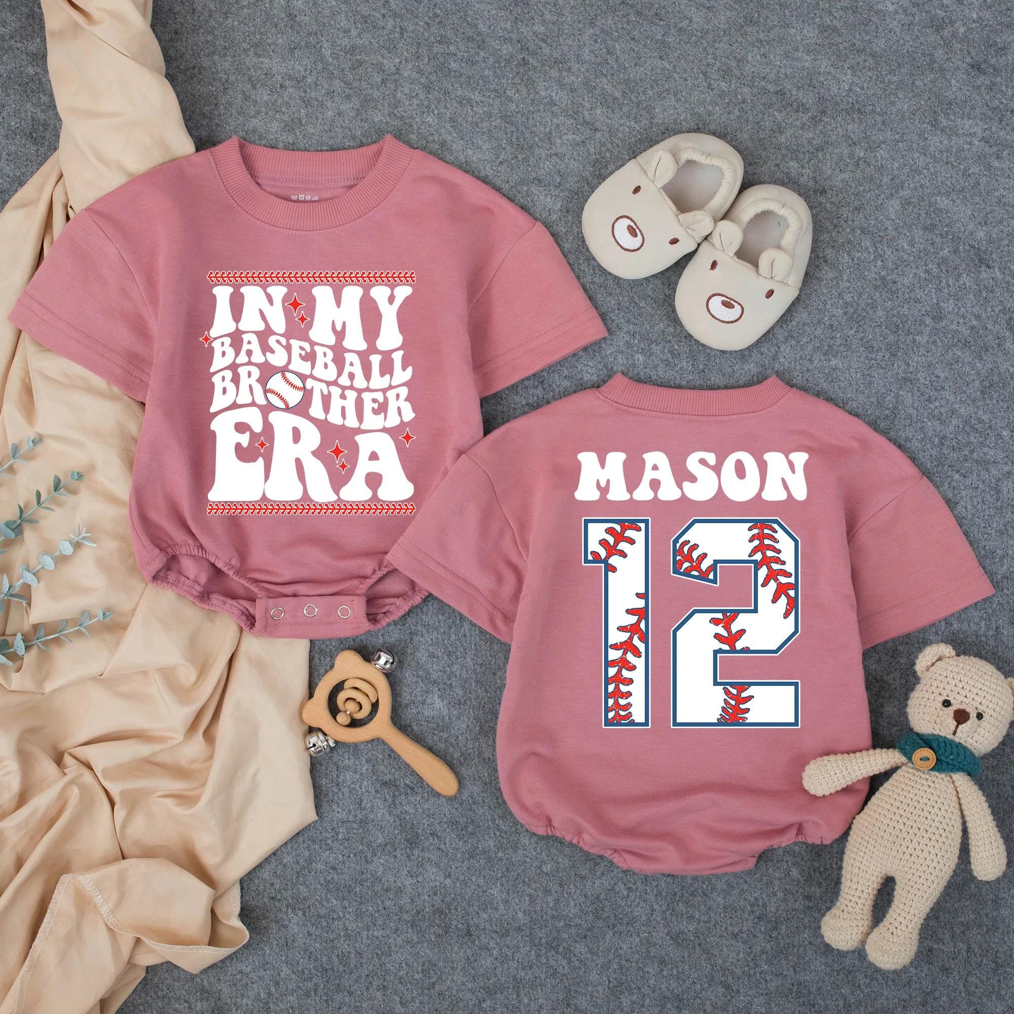 Personalized In My Baseball Brother Era Romper Baby Boy Outfit Custom Name and Number Sports-Themed Toddler Clothes for Game Day Gift