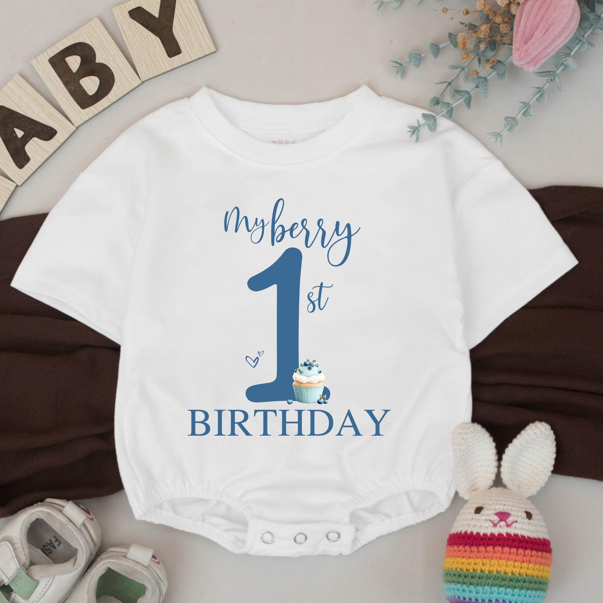 Personalized My Berry First Birthday Banner Blueberry 1st Birthday Romper Boy Party Backdrop Watercolor Photo Prop Soft Blue Decor