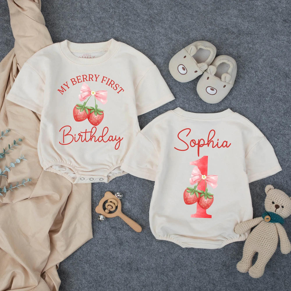 Personalized My Berry First Birthday Romper with Strawberry Bow Design for Baby Girls, Toddler Outfit for First Birthday Party or Gift