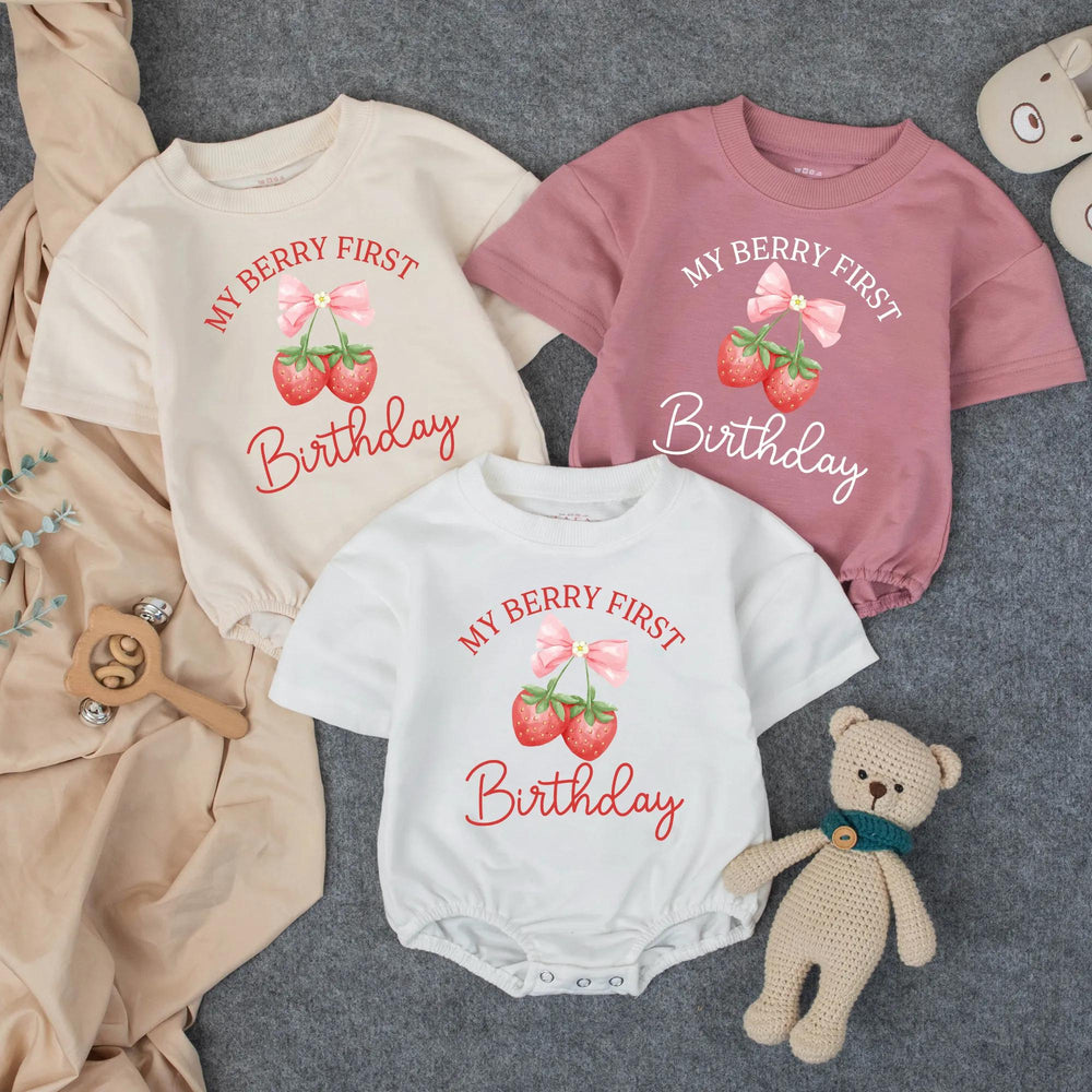 Personalized My Berry First Birthday Romper with Strawberry Bow Design for Baby Girls, Toddler Outfit for First Birthday Party or Gift