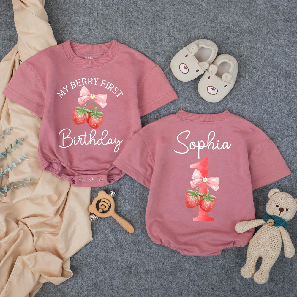 Personalized My Berry First Birthday Romper with Strawberry Bow Design for Baby Girls, Toddler Outfit for First Birthday Party or Gift