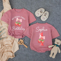 Personalized My Berry First Birthday Romper with Strawberry Bow Design for Baby Girls, Toddler Outfit for First Birthday Party or Gift