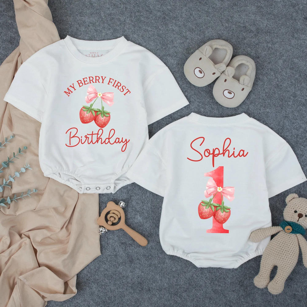 Personalized My Berry First Birthday Romper with Strawberry Bow Design for Baby Girls, Toddler Outfit for First Birthday Party or Gift