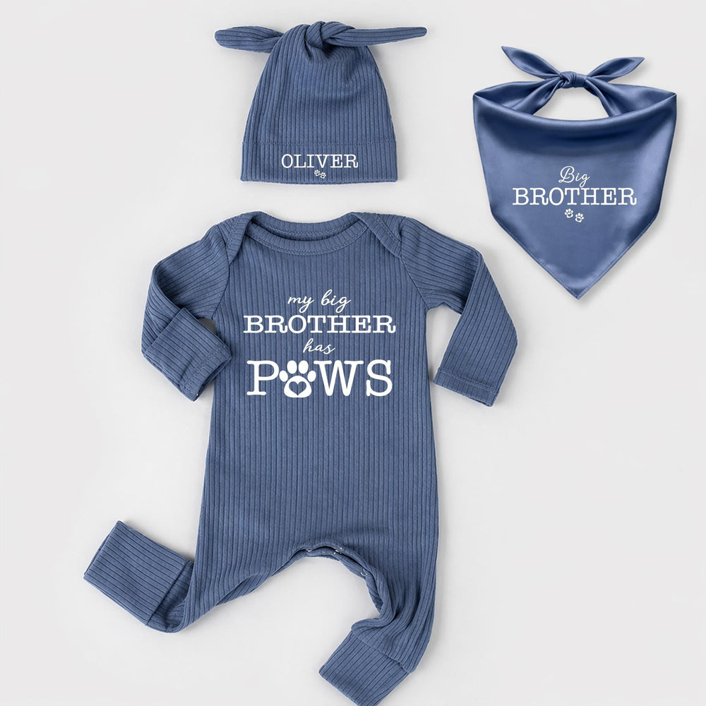 Personalized My Big Brother Has Paws Baby Bodysuit with Name Hat and Dog Bandana, Pregnancy Announcement Outfit, Pet Sibling Gift