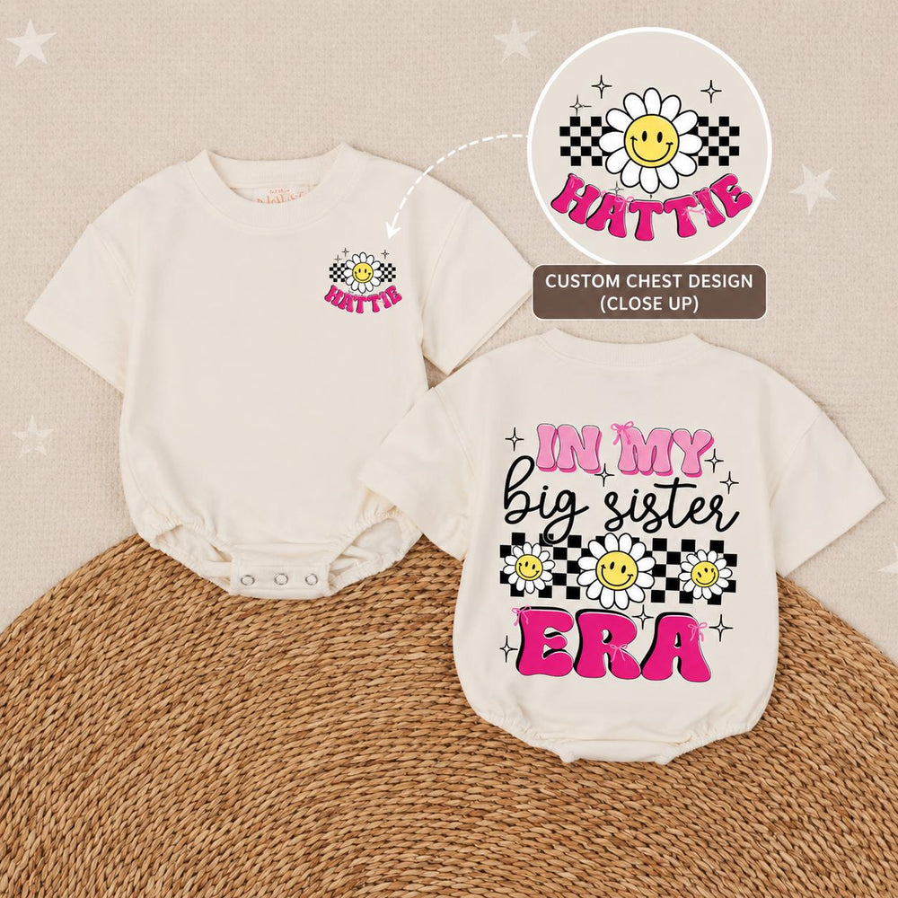 Personalized In My Big Sister Era Romper with Daisy and Smiley Design for Baby Girls Custom Name Pregnancy Reveal Outfit Cotton Gift