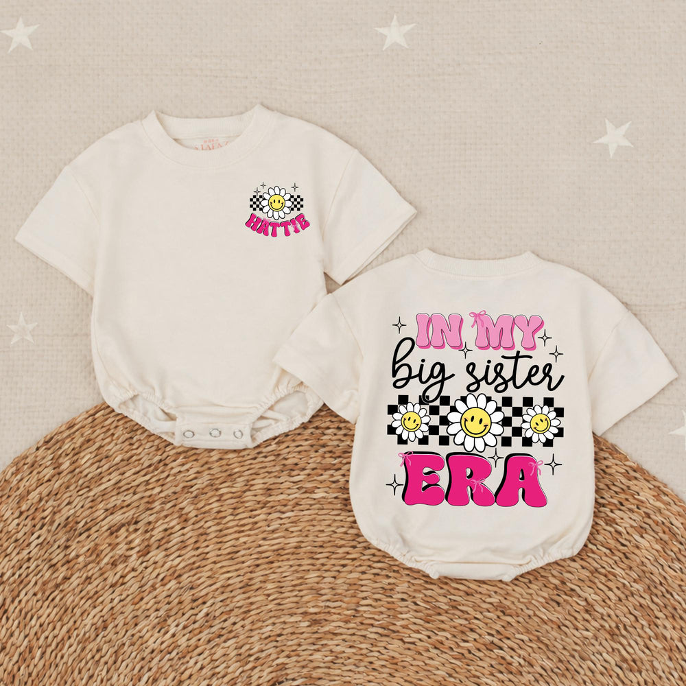 Personalized In My Big Sister Era Romper with Daisy and Smiley Design for Baby Girls Custom Name Pregnancy Reveal Outfit Cotton Gift
