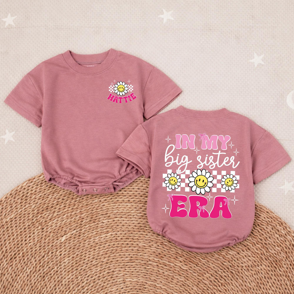 Personalized In My Big Sister Era Romper with Daisy and Smiley Design for Baby Girls Custom Name Pregnancy Reveal Outfit Cotton Gift