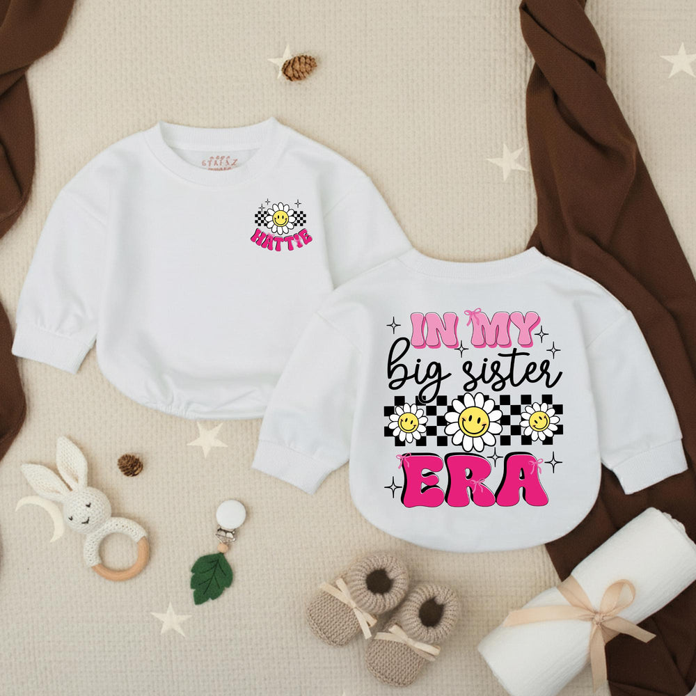 Personalized In My Big Sister Era Romper with Daisy and Smiley Design for Baby Girls Custom Name Pregnancy Reveal Outfit Cotton Gift