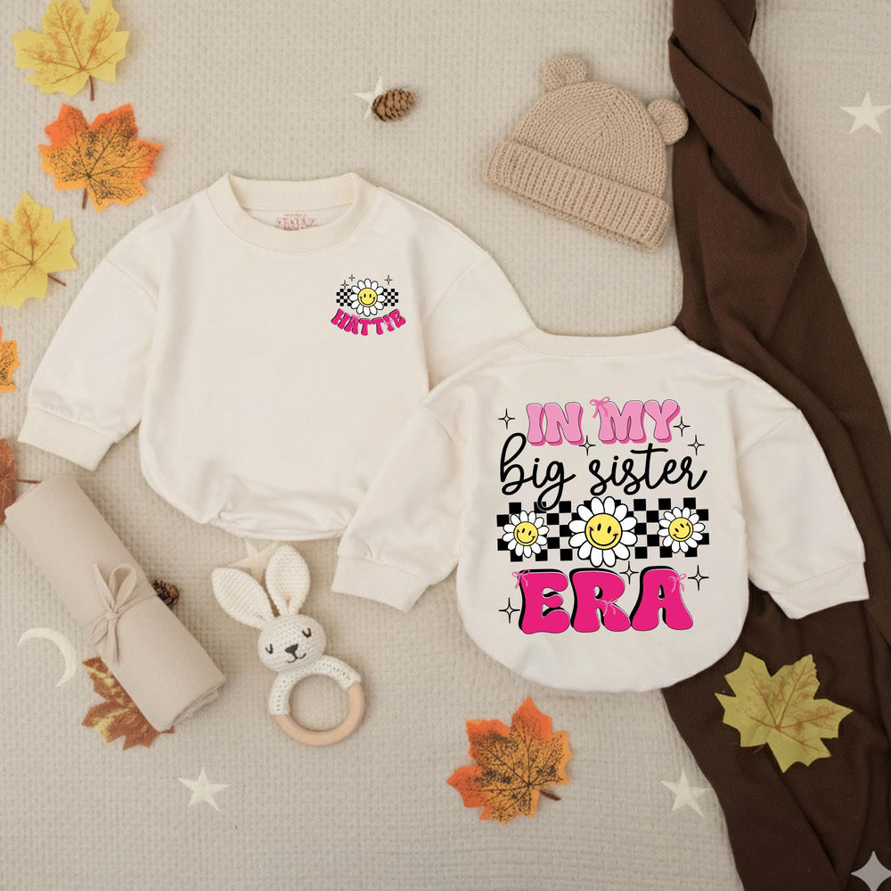 Personalized In My Big Sister Era Romper with Daisy and Smiley Design for Baby Girls Custom Name Pregnancy Reveal Outfit Cotton Gift
