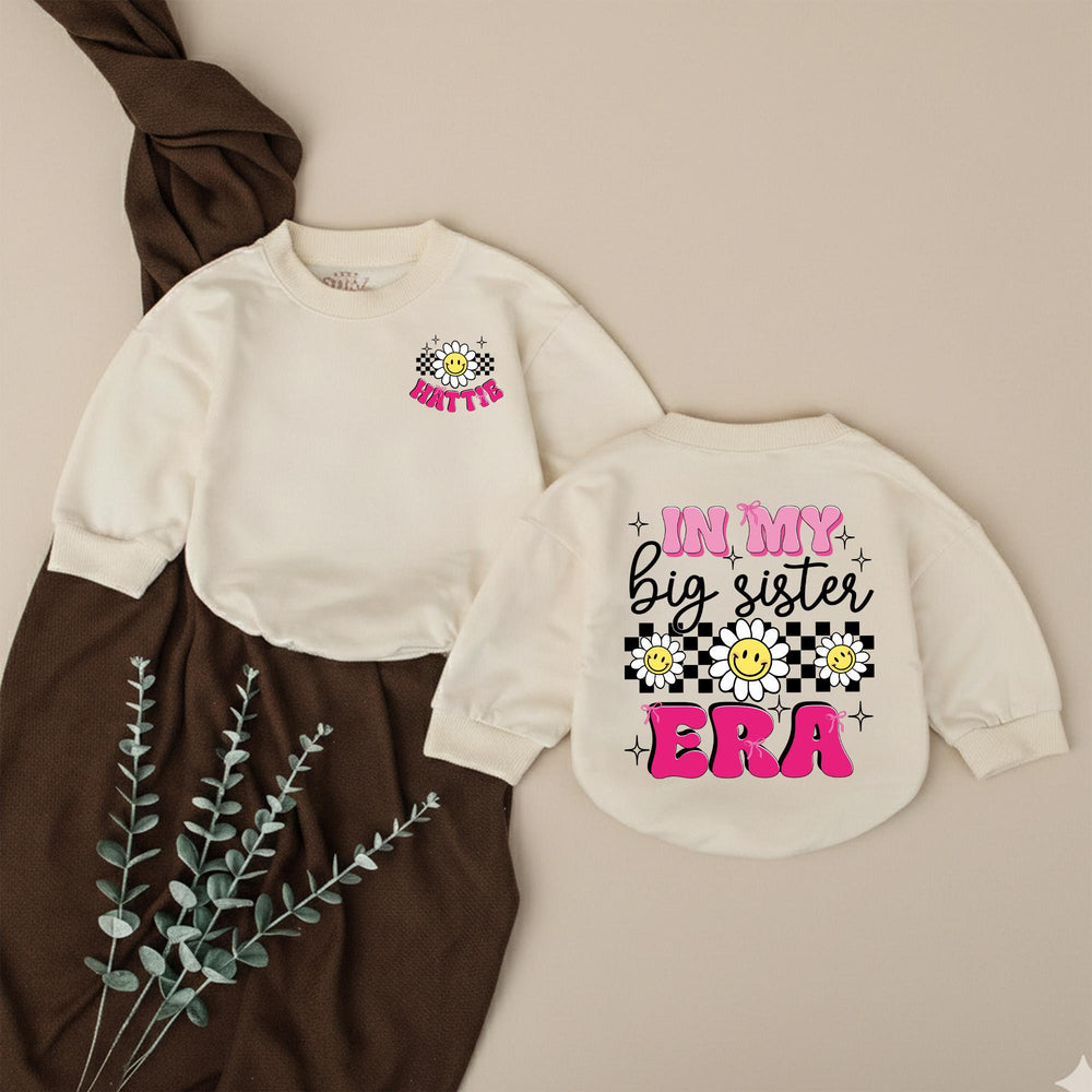 Personalized In My Big Sister Era Romper with Daisy and Smiley Design for Baby Girls Custom Name Pregnancy Reveal Outfit Cotton Gift