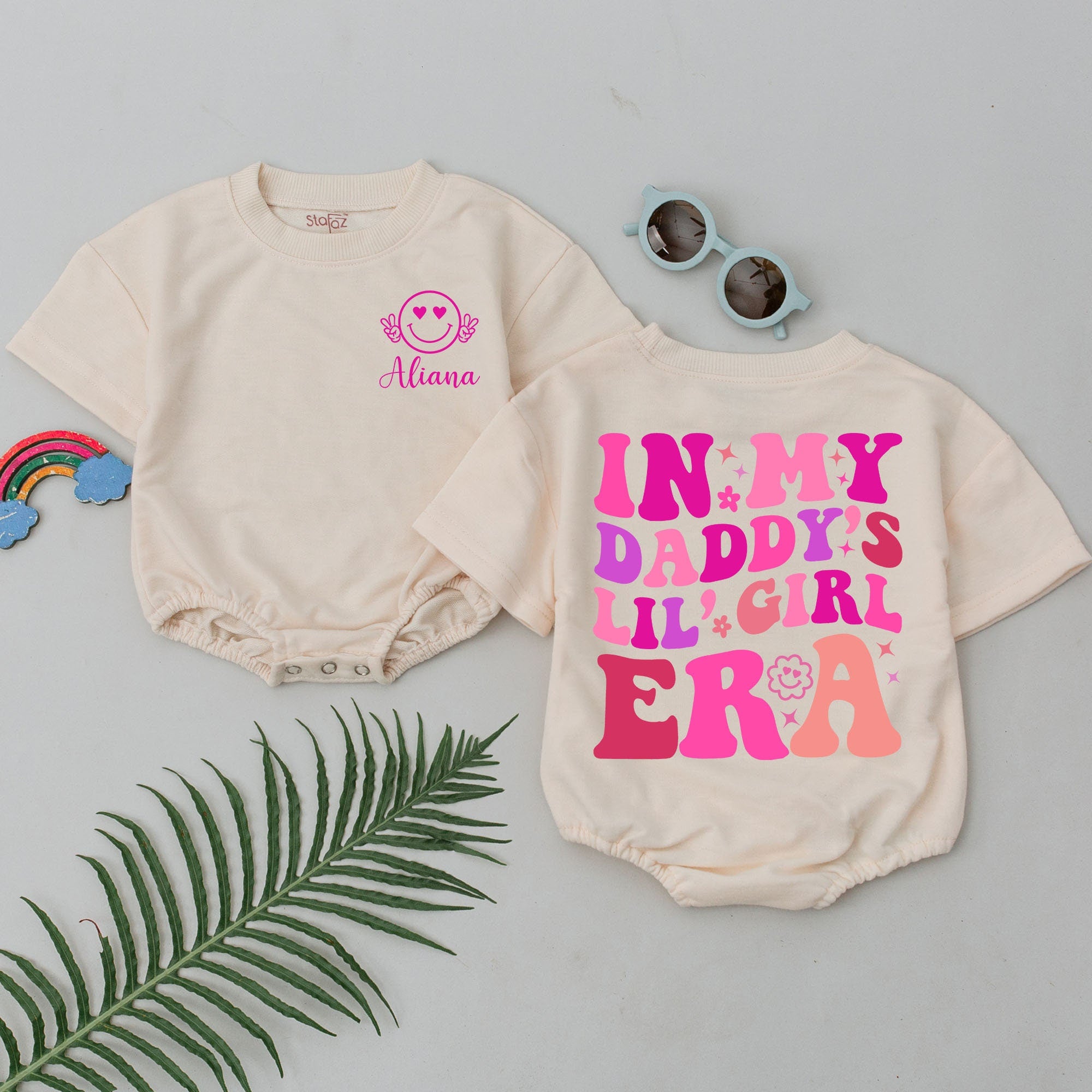 Personalized In My Daddy's Lil' Girl Era Romper with Smiley Face Stars and Flowers for Baby Girls Perfect Baby Shower or First Father's Day Gift